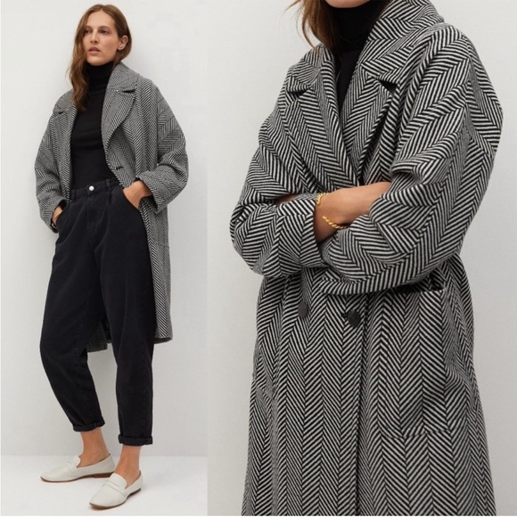 Mango Jackets & Blazers - MANGO Black & White Herringbone Cross Oversized Double Breasted Wool Blend Coat